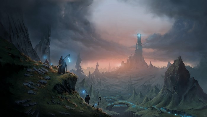 Mikael Mellbris artwork of wizards with magic staffs in a fantasy landscape