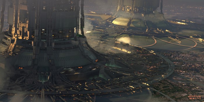 Futuristic city artwork by Chris Goff