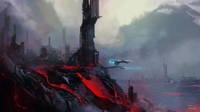 Sci-fi city with lava flows and spaceships by Chris Goff