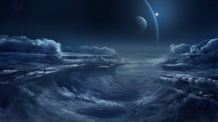 Planet and moon in the night sky above clouds