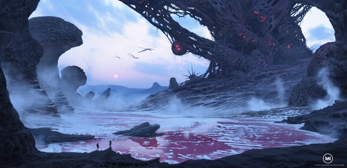 Alien landscape with strange flora and flying creatures