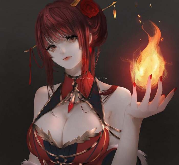 Anime girl with red hair and fire
