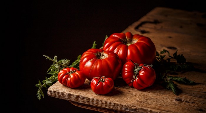 Heirloom tomatoes on a wooden table