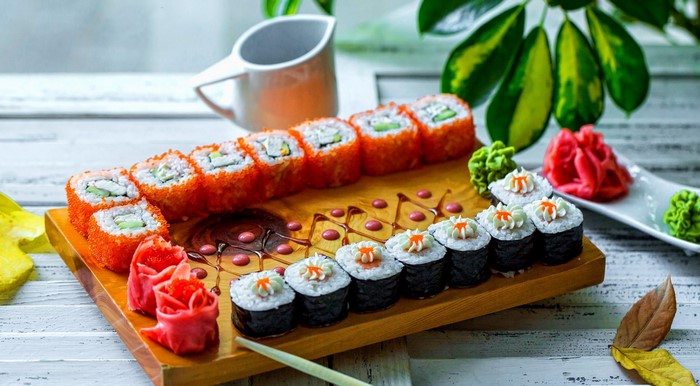 Sushi platter with ginger and wasabi