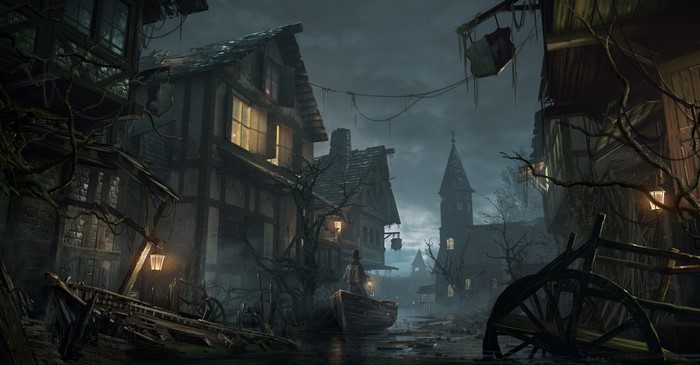 Dark fantasy town at night with a boat