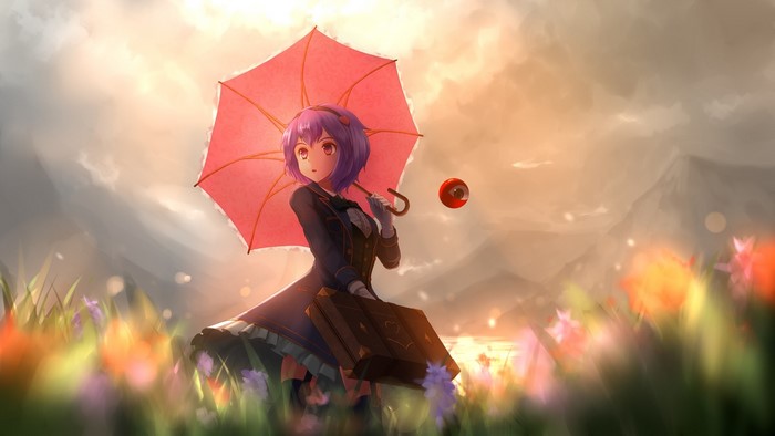 Komeiji Satori from Touhou with umbrella in a field