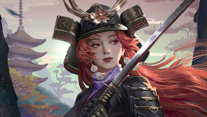 Samurai girl with katana and pagoda