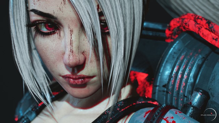 Digital art of a woman with white hair and red eyes
