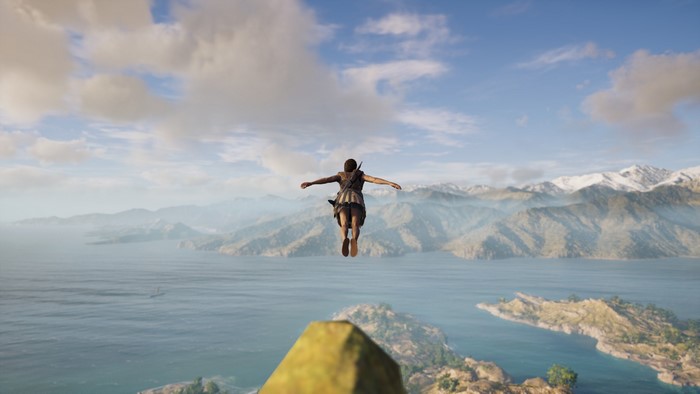 Kassandra from Assassin's Creed: Odyssey performing a Leap of Faith