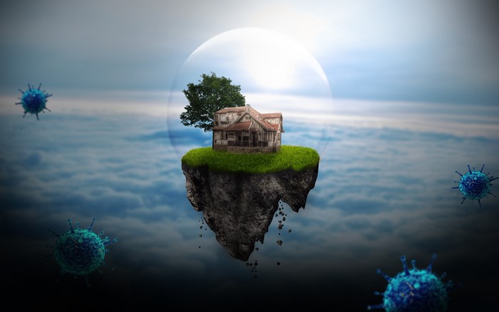 Floating island with house protected from coronavirus