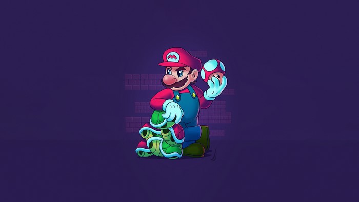 Mario holding a mushroom and turtle shells