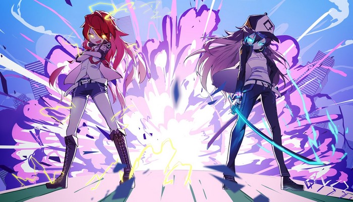 Two anime girls with glowing eyes and weapons in front of an explosion