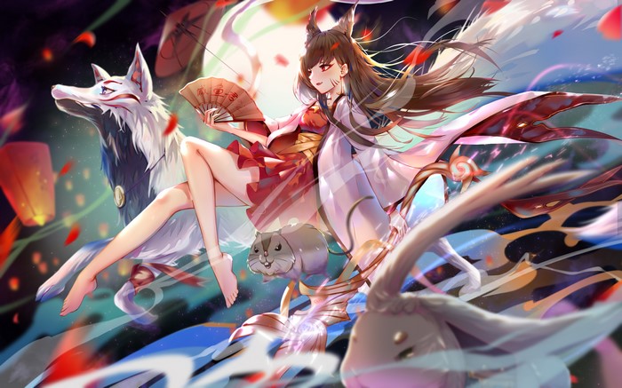 Anime girl with fox ears and a fox in moonlight