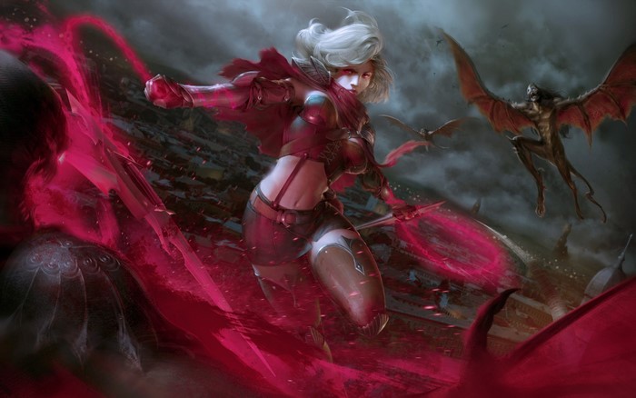 Fantasy girl fighting creatures with magic