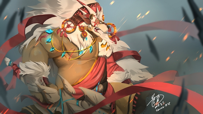 Sdorica character with tribal markings and red sash