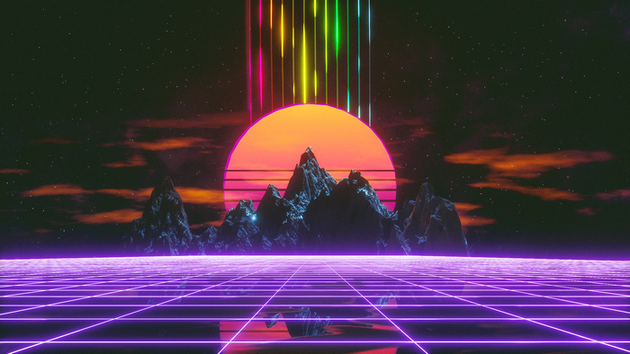 Synthwave retro grid mountains sunset