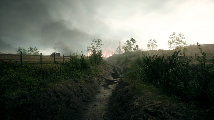 Battlefield 1: World War I trench with fire and smoke