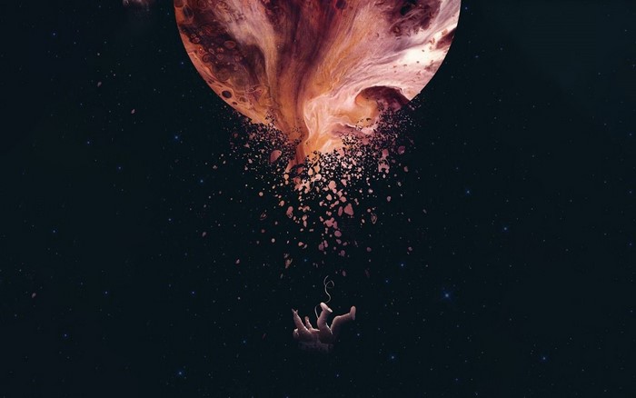 Astronaut falling from a disintegrating planet in space