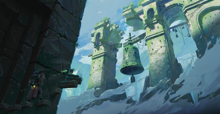Fantasy ruins with bells and a traveler