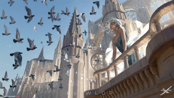 Girl on balcony with pigeons and cathedral by WLOP