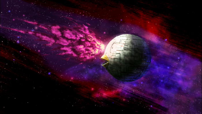 Space battle with a spherical ship firing pink energy