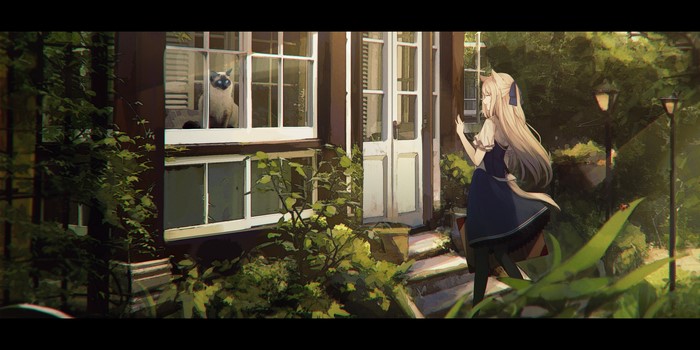 Anime girl and cat by a house