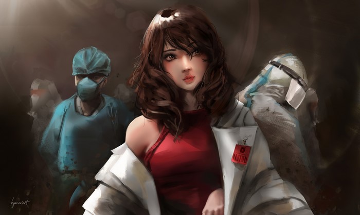 Digital painting of a woman doctor with medical staff