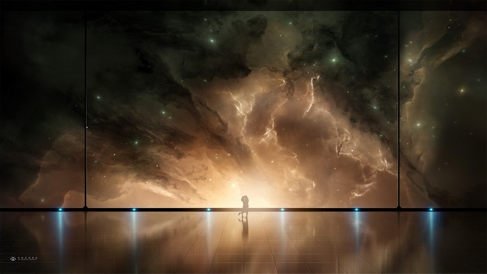 Couple silhouetted against a vibrant nebula viewed through a window