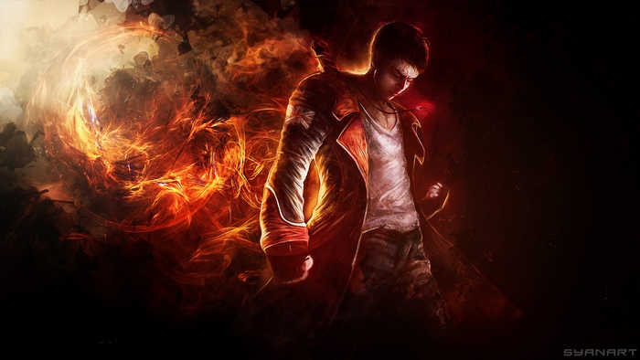 Dante from DmC: Devil May Cry with fiery aura