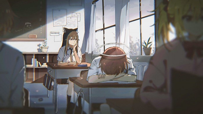 Anime girls in a classroom, Arknights characters
