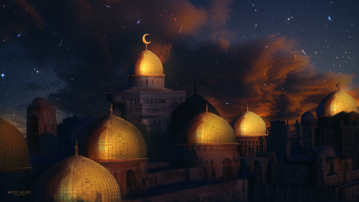 Concept art of mosques under a starry night sky