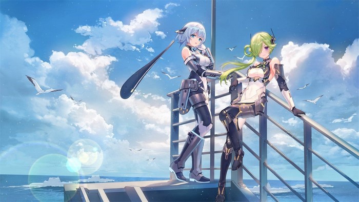 Two anime girls on a ship deck with seagulls