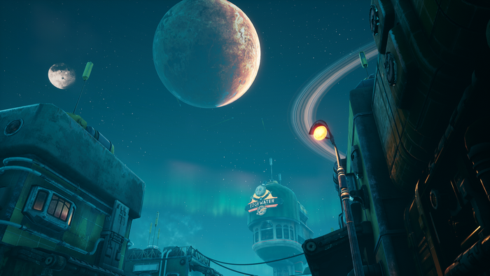 The Outer Worlds screenshot of Edgewater settlement at night