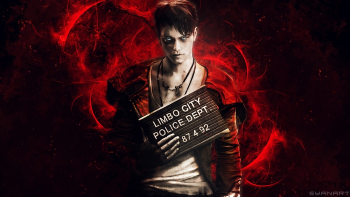 Dante from DmC Devil May Cry holding a Limbo City Police Dept. sign