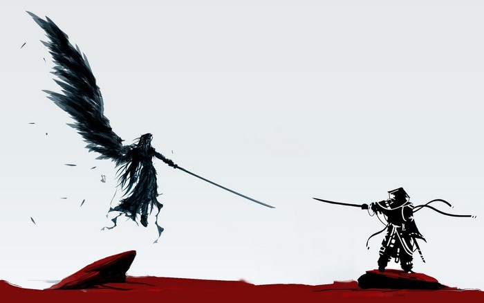 Sephiroth from Final Fantasy fighting a samurai
