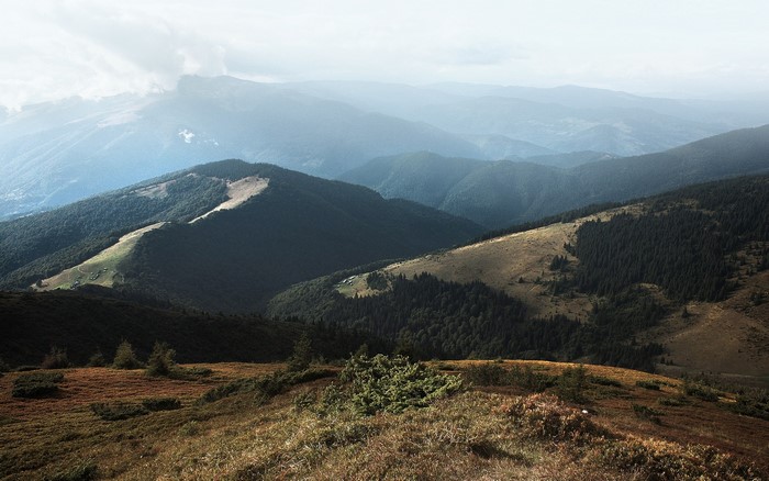 Mountain landscape with rolling hills and trees