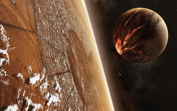Science fiction planet with a ring structure and a fiery moon