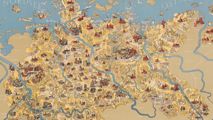 Old map of Germany with rivers and cities