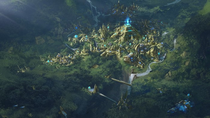 Protoss city in a forest from StarCraft