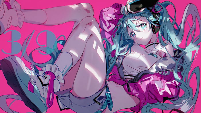 Hatsune Miku from Vocaloid wearing headphones and shorts