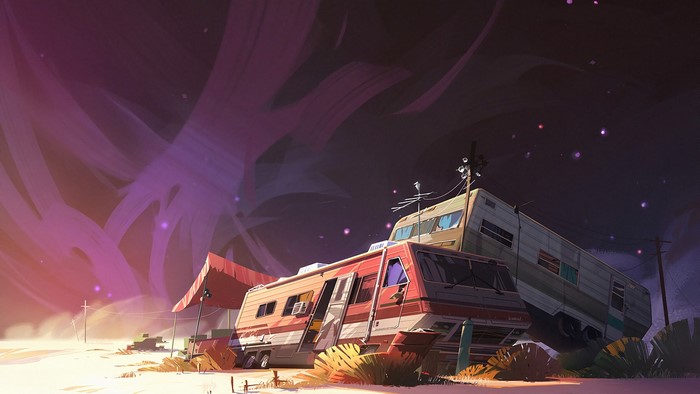 Two mobile homes in a desert landscape under a starry sky