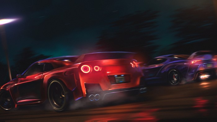 Red Nissan GT-R and Purple Toyota Supra racing at night