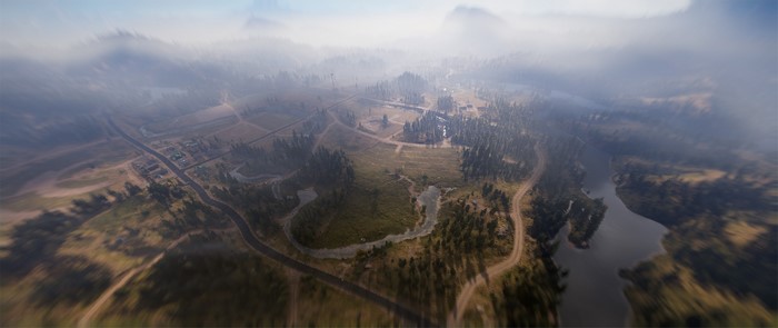 Far Cry 5 aerial view of a rural landscape