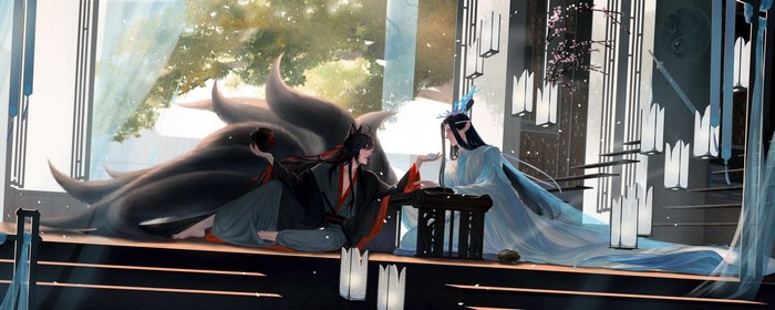 Wei Ying and Lan Wangji in a traditional setting