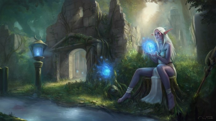 Night Elf magician casting spells in ruins