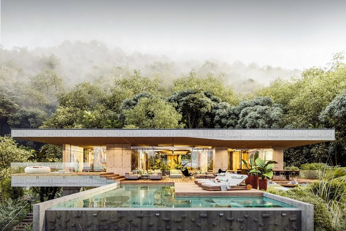 Modern house with pool in a misty forest