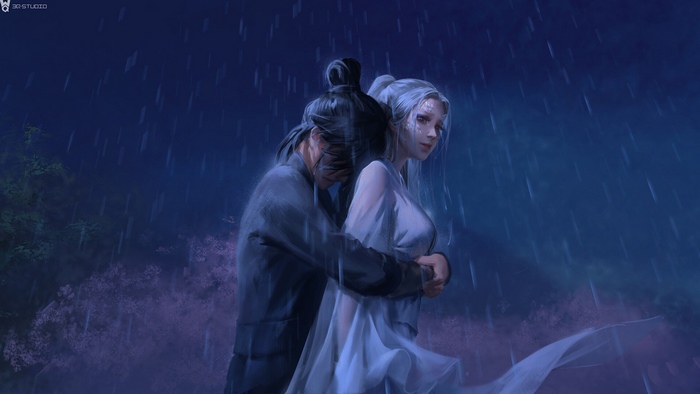 Fantasy Couple Embracing in the Rain