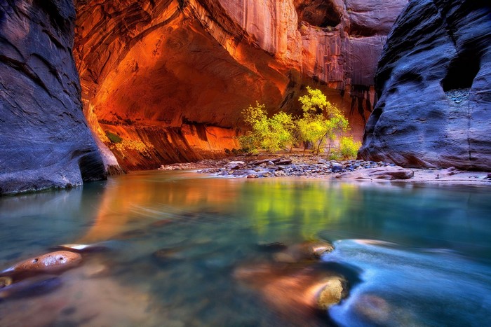 Canyon river with colorful rock walls and trees