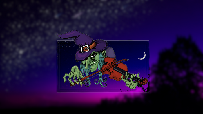 Witch playing violin in front of starry night sky