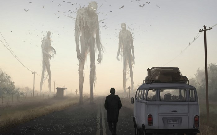Artwork of giants on a road with a van and a person